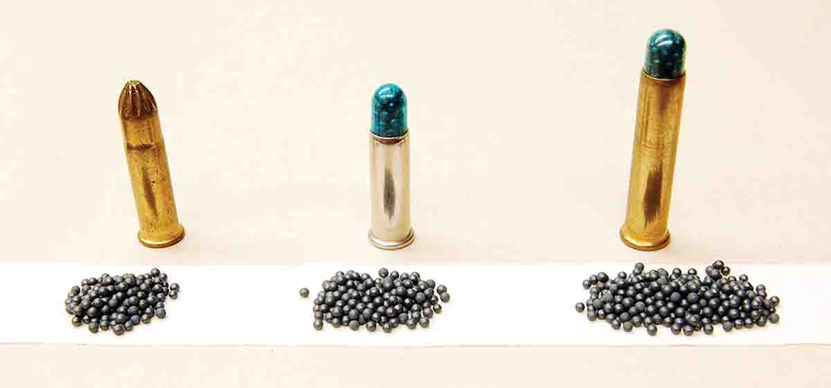 Cartridges (from left) include a .22 Long Rifle shot and a CCI Long Rifle and CCI .22 WMR with shot charges.